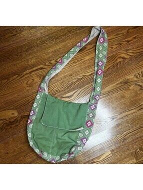 Vintage Canvas Slouchy Crossbody Bag Green Hippie Hobo Floral Monk Messenger